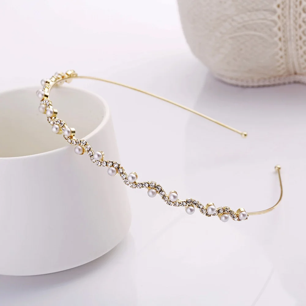 

Simple Pearl Rhinestone Wave Headband Hair Hoop Metal Fine Fashion Women Temperament Bridal Headwear Wedding