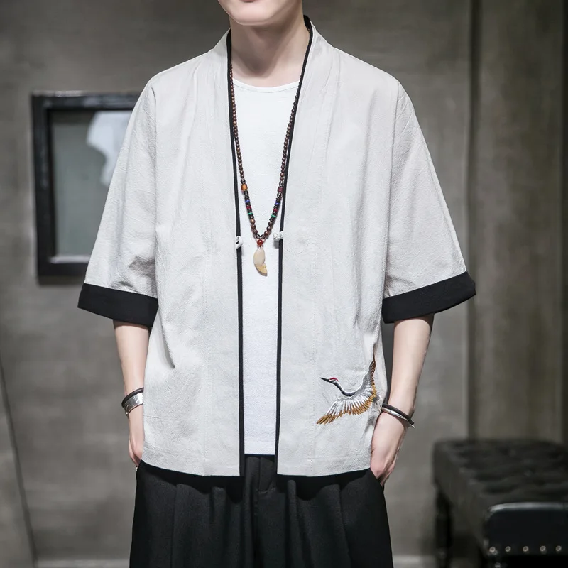 

Summer New Cotton and Linen Men's Chinese Style Seven Sleeve Crane Embroidery Embroidered Cardigan Men's Retro Chinese Clothing