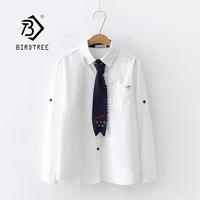 new arrival women cartoon cat embroidery cotton white shirt turn down collar button up cute girls blouse with tie feminina blusa