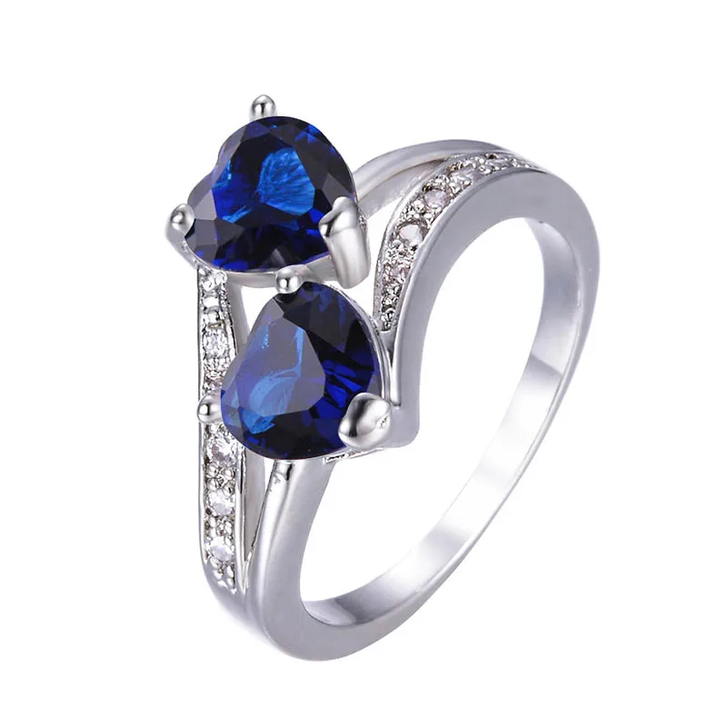 blue Bague Ringen, Новое поступление, серебро 925, ювелирное изделие, кольца для женщин, популярные, кристалл, циркон, Двойное сердце, кольцо для свадьбы, корейский стиль - Цвет камня: blue
