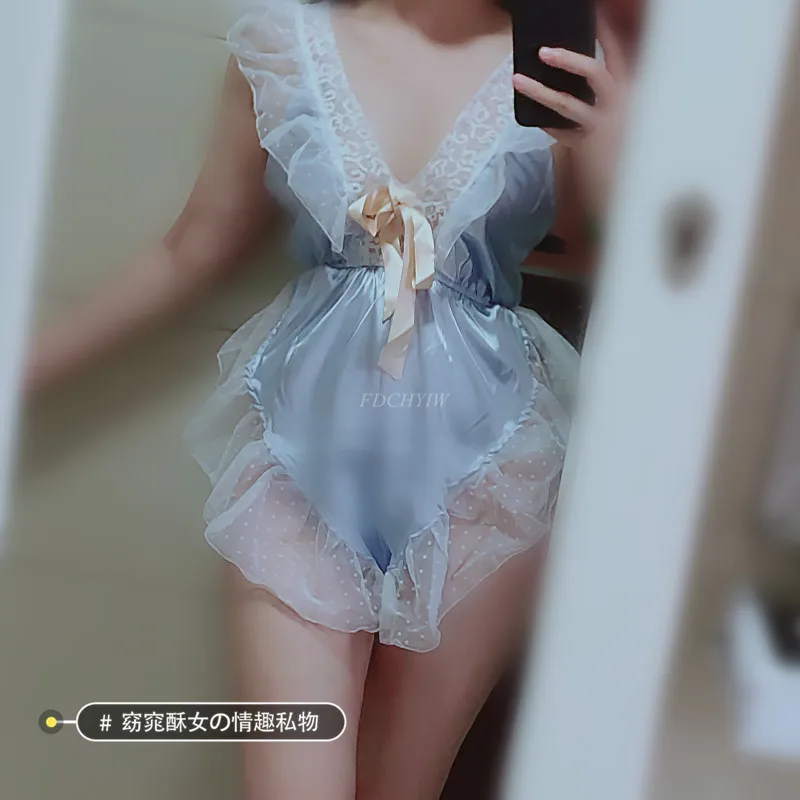 

Lace Bodysuit Lingerie Cute Transparent Satin Sexy Pajamas Uniforms French Women Maid Cosplay Costumes Lace Teddy Sexy Sleepwear