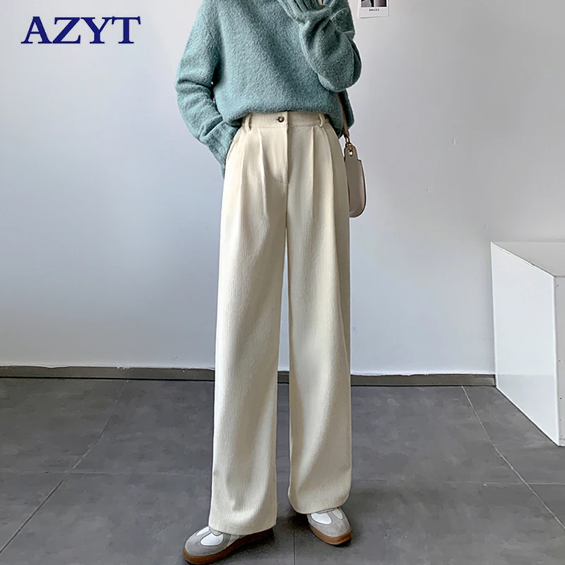 

AZYT 2021 Winter Warm Corduroy Women Straight Pants Korean Loose High Waist Wide Leg Pants Solid Casual Female Trousers