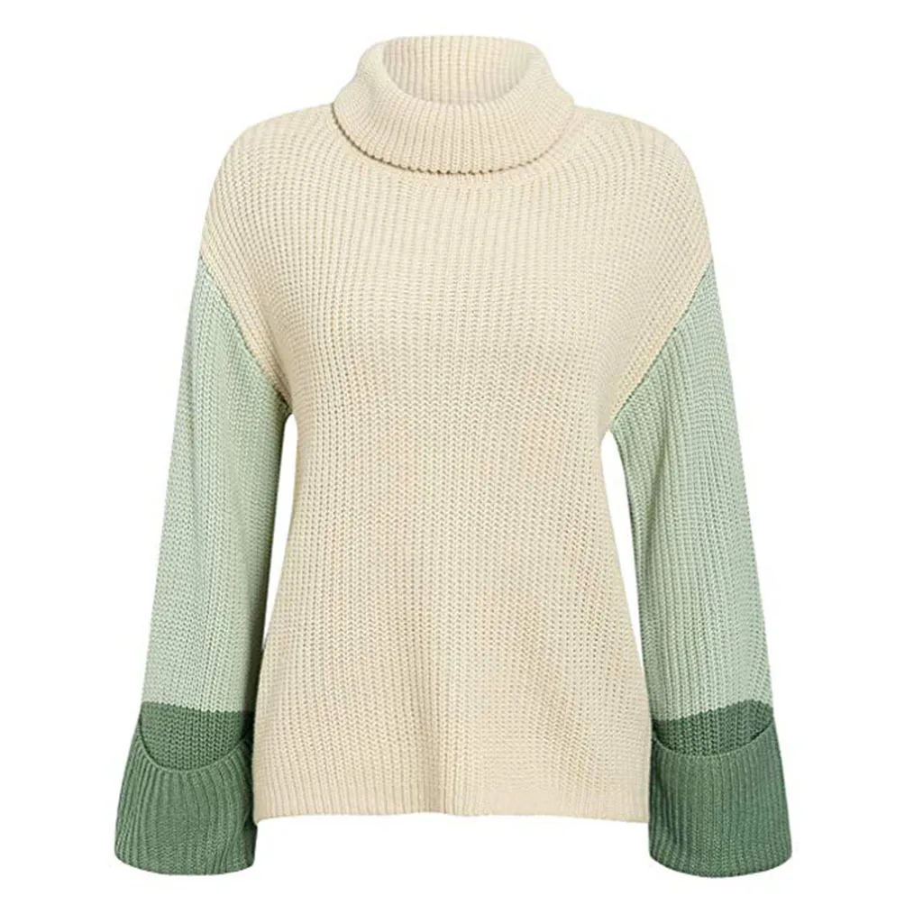 

2020 Fashion Spring Autumn Women Knitted Pullovers Casual Soft Tutleneck Jumper Slim Patchwork Femme Elasticity Female Sweater