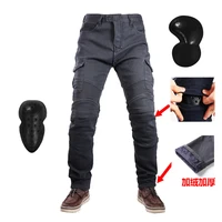 ugb06 winter velvet motorcycle leisure motocross jeans multi pocket belt cargo slim pants with obscure protective gears hip pads