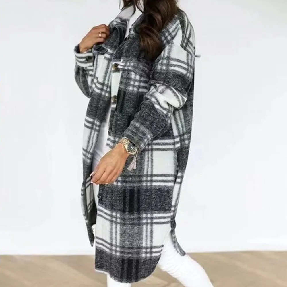 

2021 Western Style Autumn Winter New Long Sleeve Buttons Lapel Lattice Overcoat Women Fashion Casual Loose Long Woolen Coat