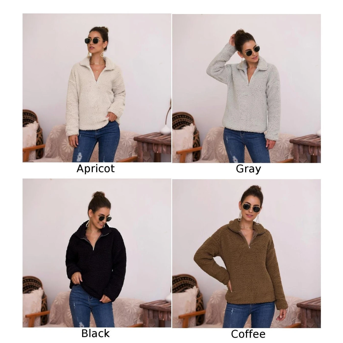 Женские теплые однотонные топы с длинными рукавами на молнии флисовая толстовка