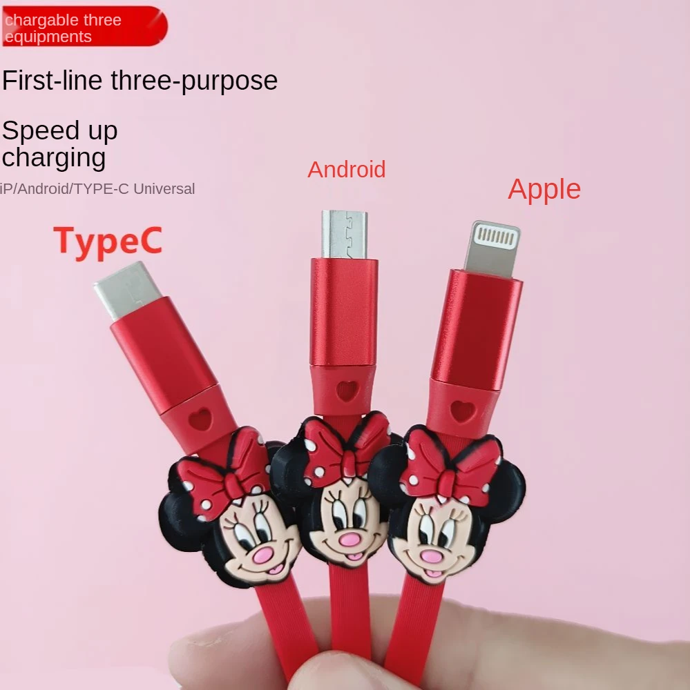 disney mickey mouse minnie three in one data cable fast charge android typec huawei oppovivo apple car multi function data cable free global shipping