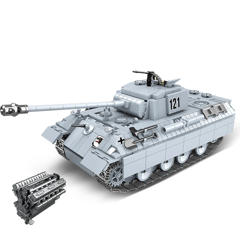 

990PCS WW2 Military Panther Tank 121 Building Blocks Military Tiger Tank Soldier Weapon Army Bricks Boys Toys For children