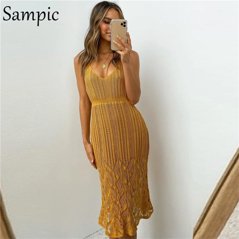 Женское длинное трикотажное платье Sampic белое повседневное облегающее без