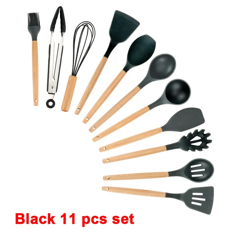 Black 11 pcs set Набор кухонных силиконовых кухонных принадлежностей с антипригарным шпателем лопата с деревянной ручкой набор кухонных инструментов с ящиком для хранения кухонные инструменты - Цвет: Black 11 pcs set