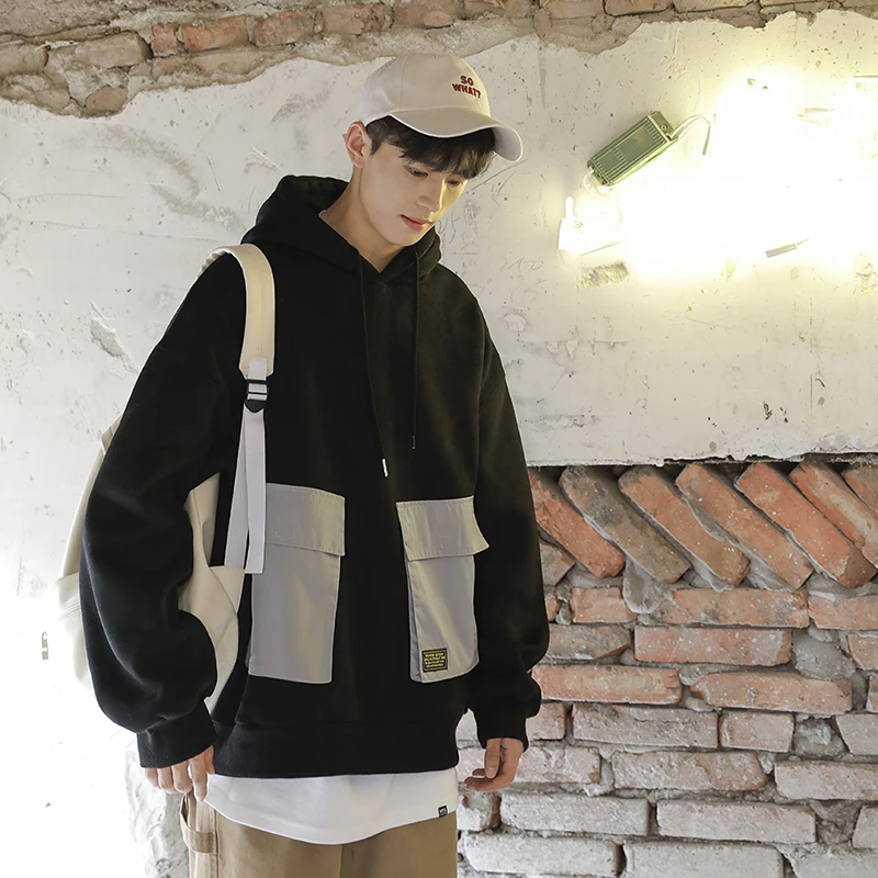 

2020 New trend men's three-dimensional large pocket loose hooded hoodies wild fashion men's sweater men sweatshirt