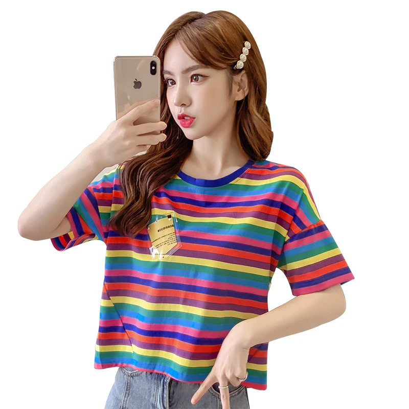 

Rainbow Striped T-shirt Women's Short Sleeve 2021 Summer New Korean Style Loose Cotton Back Slit Top Half Sleeve