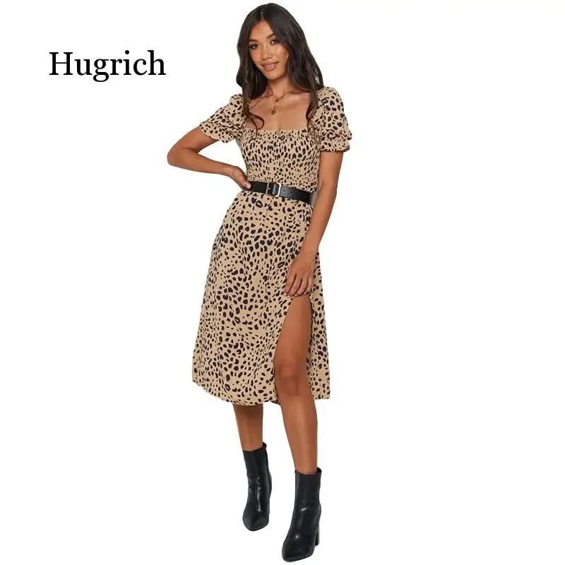 

Summer Sexy Club Split Dress Women 2021 New Puff Sleeve Square Collar Leopard Print Mid-Calf Ladies Dresses