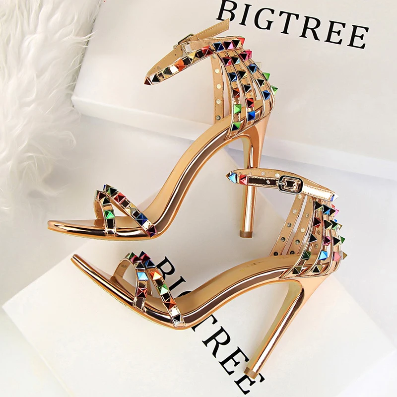 

BIGTREE Shoes Color Rivets Women Sandals Roman Style Heeled Sandals Hollow Out High Heels Stiletto Sexy Party Shoes Sandals