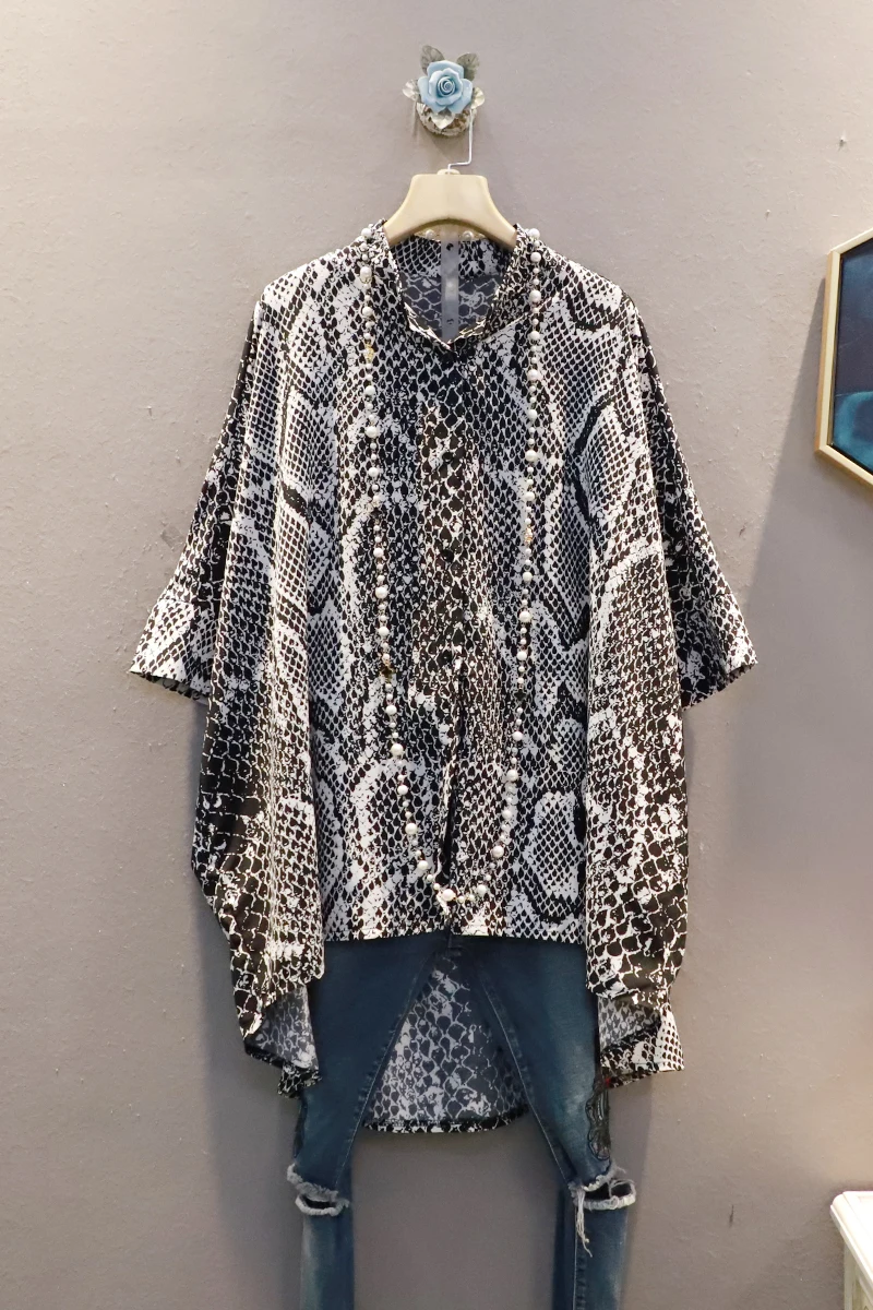 

SuperAen 2021 Summer New Fashion Retro Pattern Stand Collar Loose Plus Size Front Short Back Long Shirt Cardigan Womens Shirts