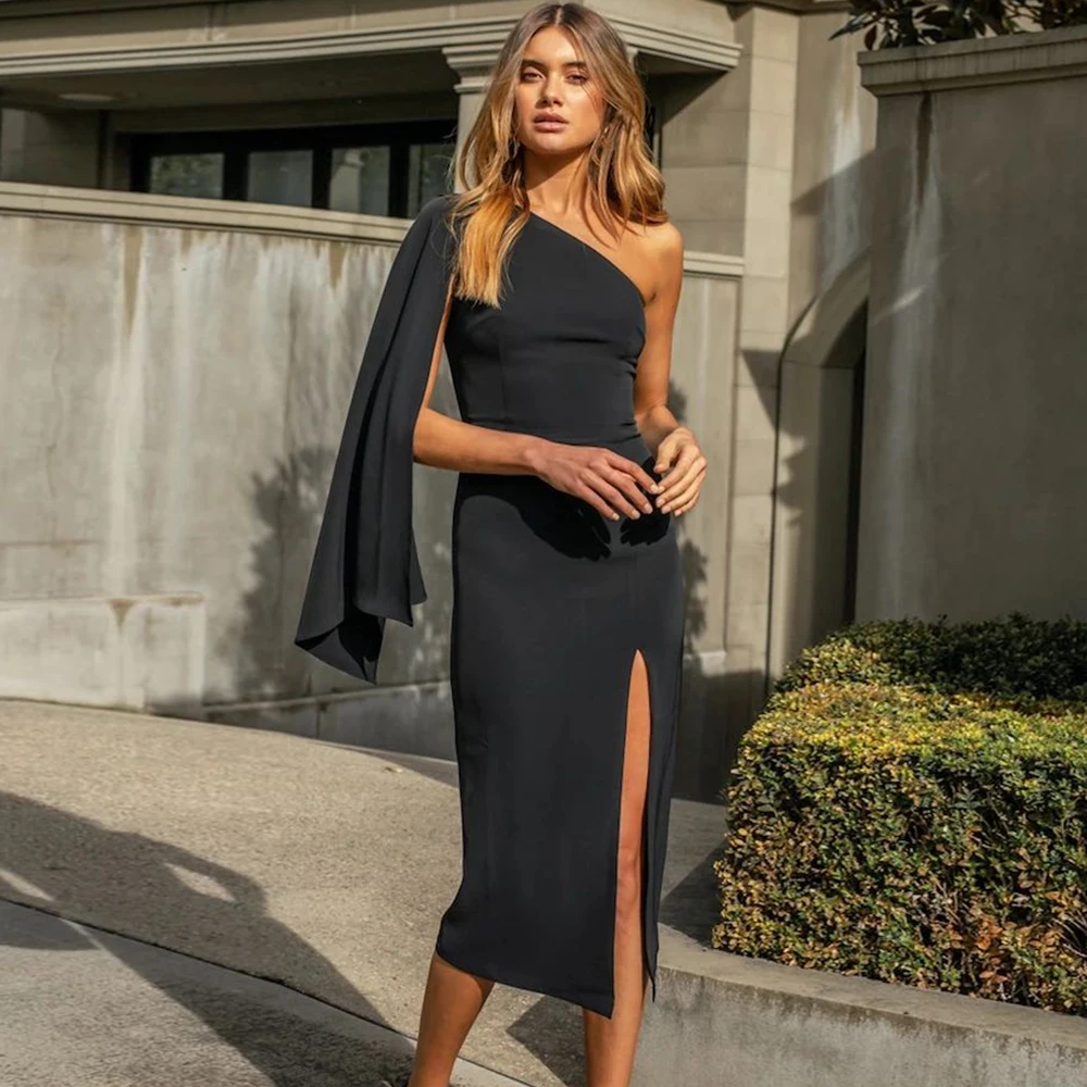 Женское платье на одно плечо Ocstrade черное Бандажное вечерние облегающие платья