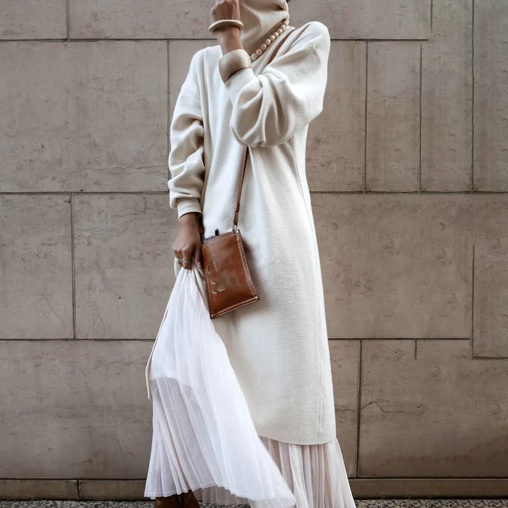 Женское длинное платье с высоким воротником повседневное теплое ТРАПЕЦИЕВИДНОЕ