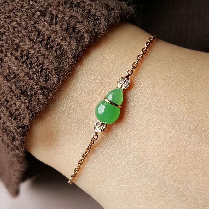 

[Temperament Intellectual] Jade Bracelet Women's 18K Gold Inlaid Diamond Natural Icy Jade Green Jade Gourd