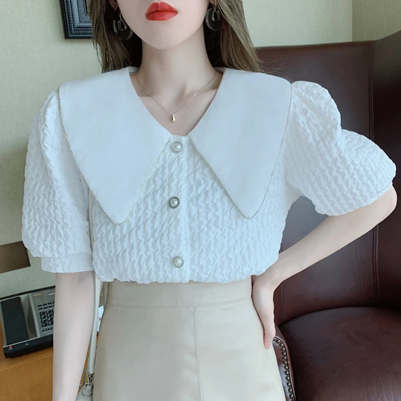 

Beaded Big Doll Collar Shirt Women 2021 Summer Loose Blouse Female Short Sleeve Tops Shirts Sweet Elegant Blouse Office Ladies
