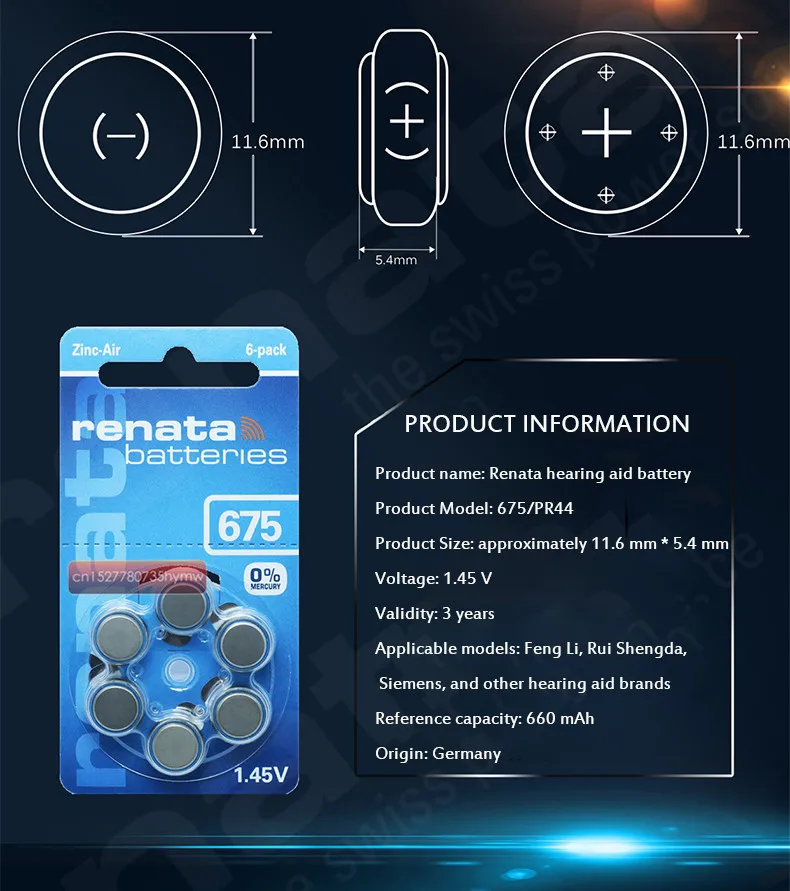 RENATA 60pcs/10pack Batteries XRenata ZA675 PR44 Zinc Air 1.45V Hearing Aid Battery | Электроника