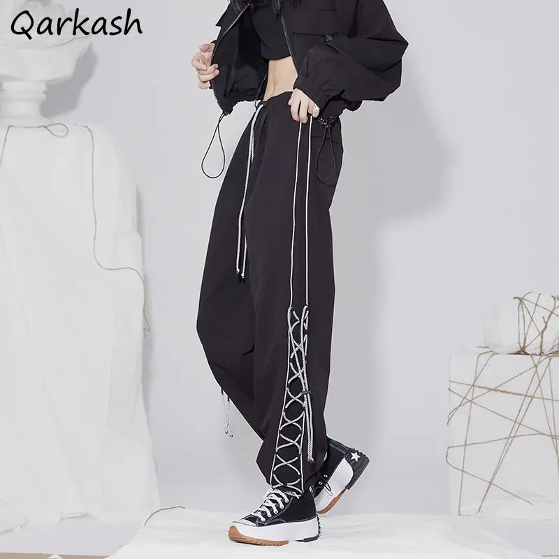 

Casual Pants Women Vintage Pure Spring BF Soft Femme Chic All-match Streetwear Wide Leg Trousers Bandage Design Loose Drawstring