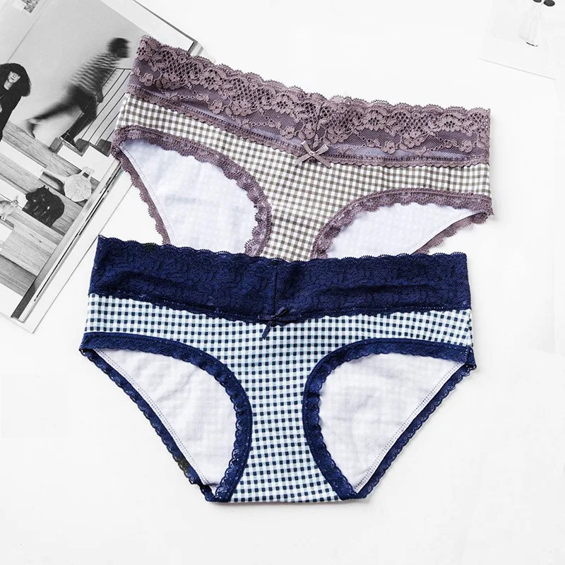 

Ventilate High Quality Girl Underwear Cotton Crotch Low-waisted Briefs For Women Plaid Printing With Lace Knickers
