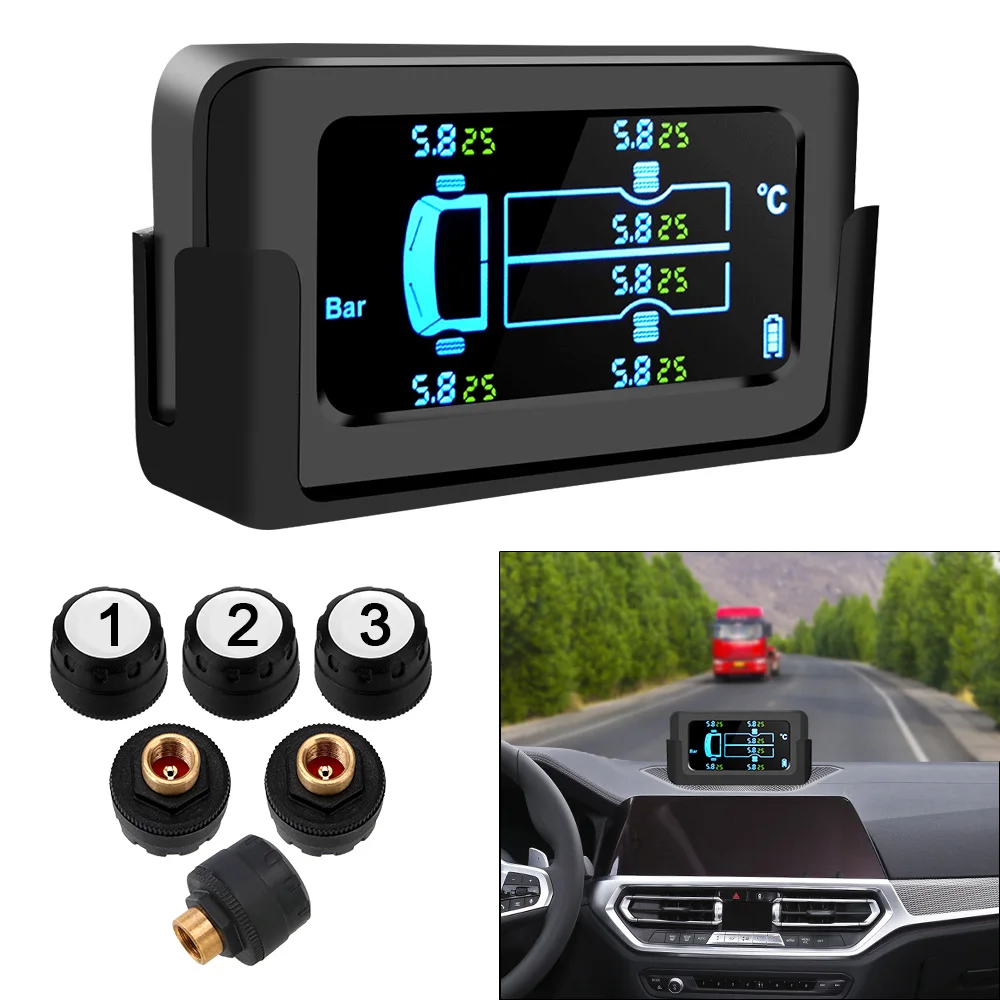 

Tire Pressure Digital LCD Display Car Tire Pressure Monitoring System Solar Car TPMS Tyre Pressure 6 Sensors Auto Security Alarm