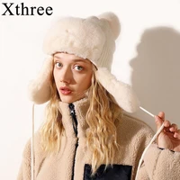 xthree bomber hats winter womens hat warm kitted hat with ear flap faux fur trapper cap with pom pom