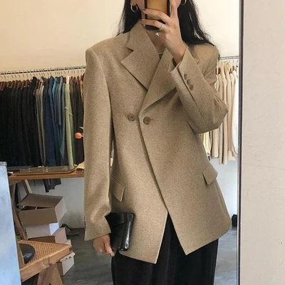 

Autumn Winter Chic Woolen Blazer Jacket For Women Elegant Two Buttons Long Sleeve Loose Suit Jacket Ladies High Street Outwear