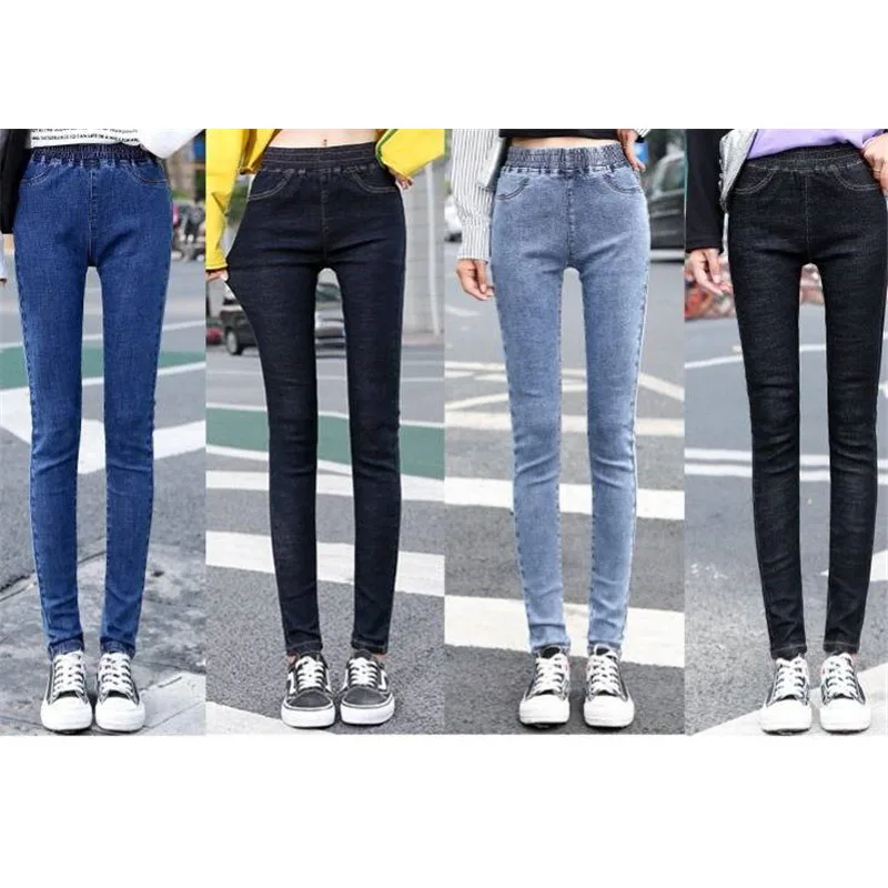 

Women Fashion Elastic waist Denim Pants Women Stretch High Waist Skinny Jean Plus Size Spring Jeans Black Feet Pantalones mujer