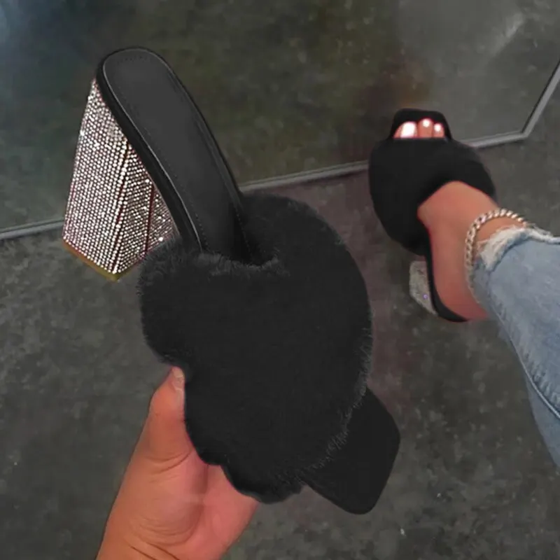 

Fluffy Fur Single Slippers Rhinestone High Heel Big Size Women Sandals Square Toe Slip-on Summer Slides Shoes For Lady Slipper