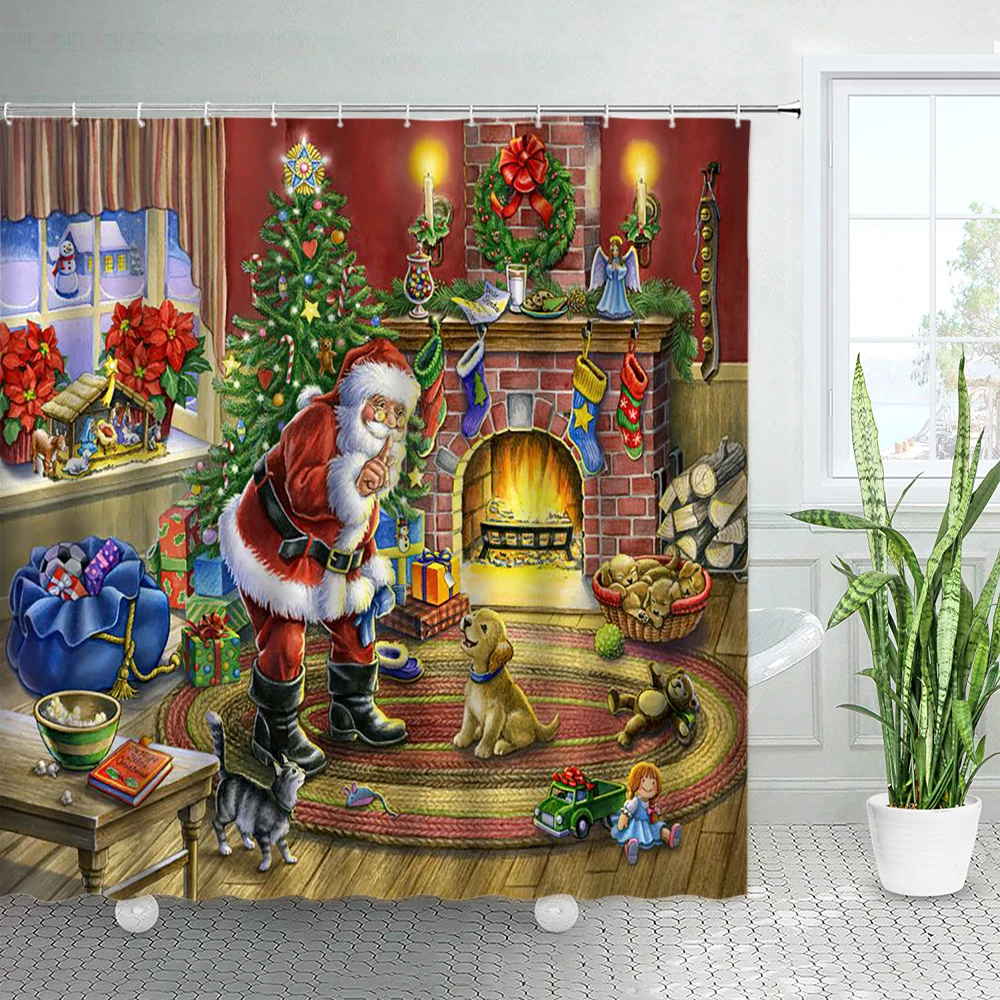 

Funny Santa Claus Cat Dog Christmas Shower Curtains Retro Xmas House Fireplace Oil Painting Art New Year Decor Bathroom Curtain