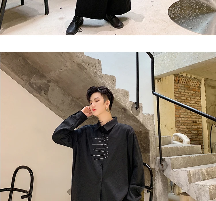 Men Long Sleeve Embroidery Irregular Casual Black White Shirt Male Streetwear Hip Hop Gothic Japan Dress Shirt