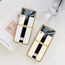 Emutii Newest For Samsung Galaxy Z Flip 3 Case Marble Tempered Glass Hard Cover Floral ZFLIP3 z Flip3 Cases Luxury Plating Frame