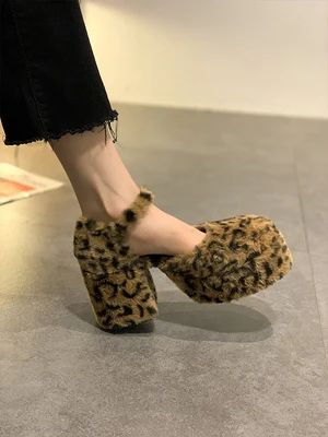 

Thick heel 2020 autumn and winter new net red leopard print wild furry word buckle waterproof platform high heel women shoes