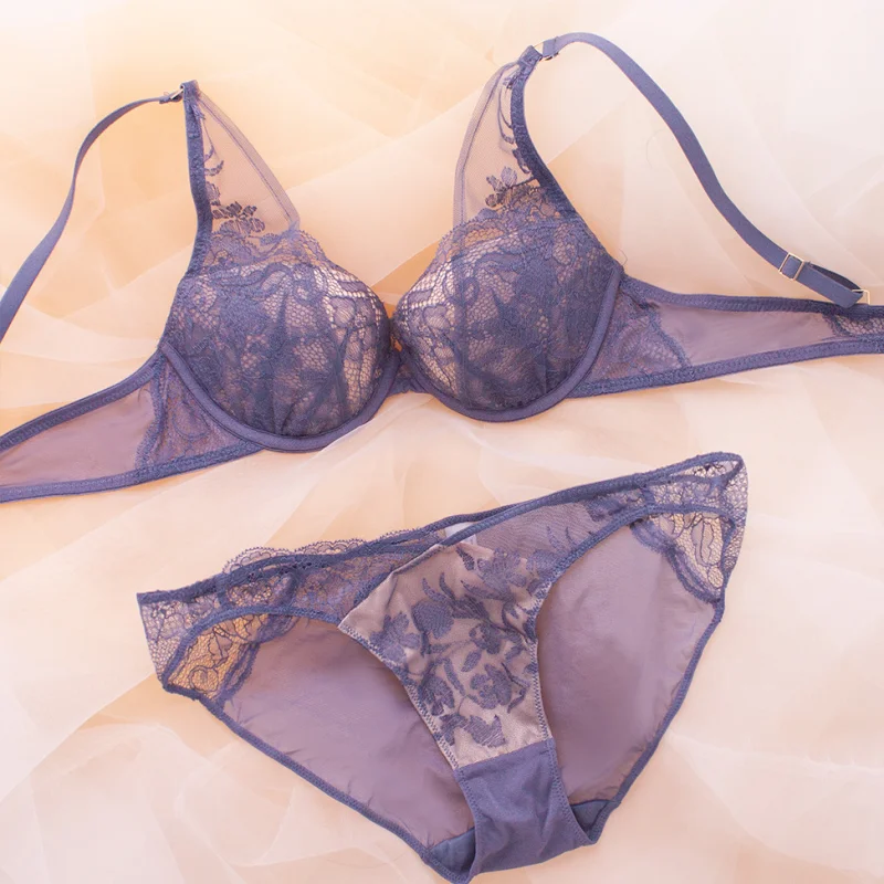 French Super Push Up Bra Small Breasts Sexy Ultra Thin Fashion Floral Flower Bra And Panty Set Lace Underwear Women Bralette New