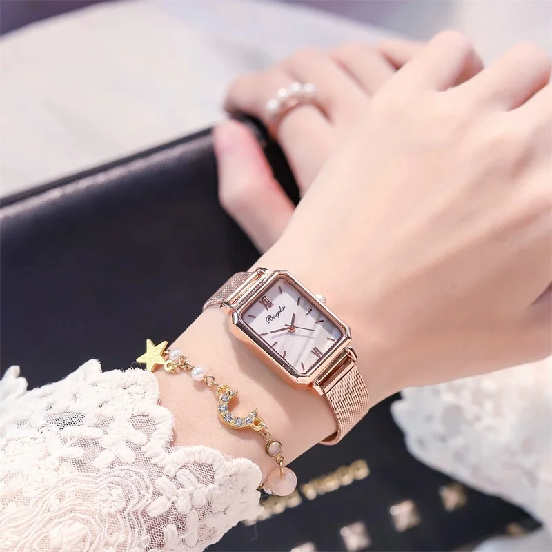 Luxury Rose Gold Mesh Strap Women Vogue Watches Retro Rectangle Ladies Quartz Wristwatch Qualities Woman Stainless Steel Watch
