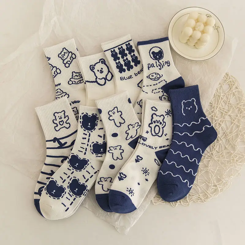 

Cute Socks Bear Cotton Socks Female Ins Summer Blue Japanese Korean Student Cartoon Socks Harajuku Crew Socks Knee High Socks