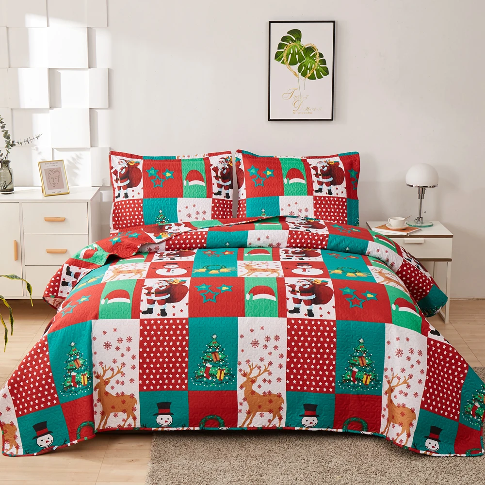 

Christmas Quilt Set Plaid Patchwork Bedding Soft Lightweight Reversible Christmas Tree Snowflake Bedspread Coverlet