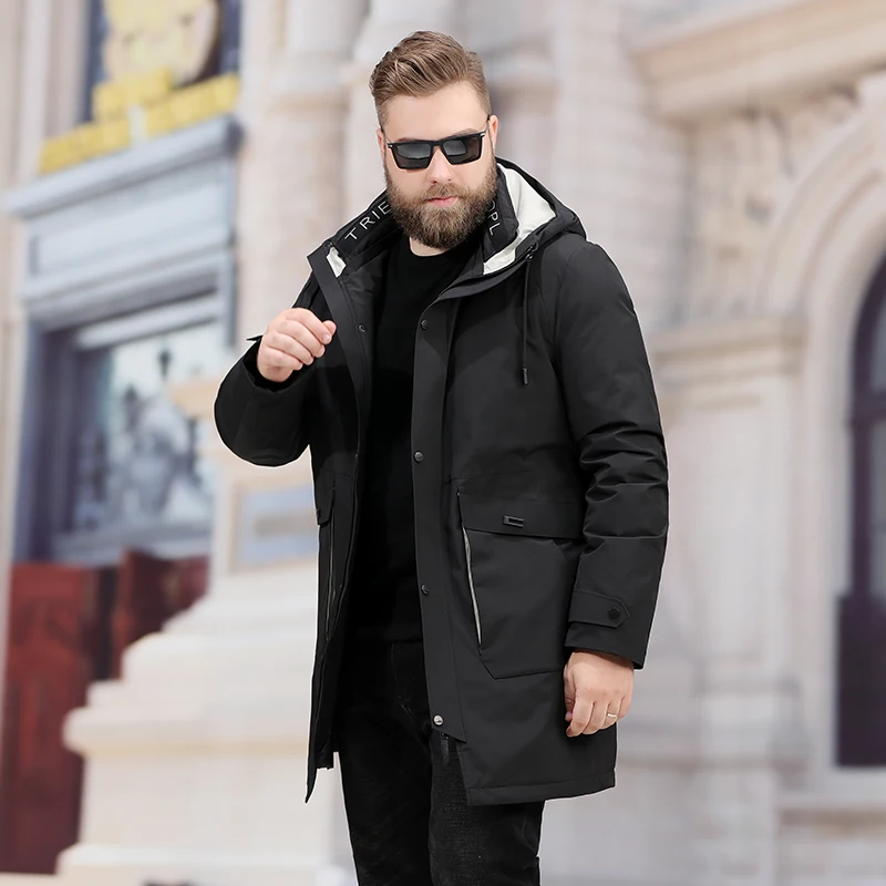 Мужская длинная куртка на белом утином пуху с капюшоном размеры 8XL 7XL 6XL