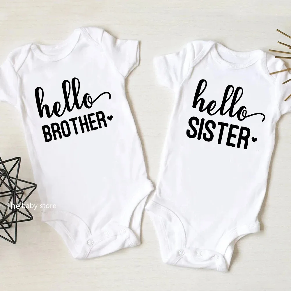 

Hello Brother Sister Newborn Baby Bodysuits Cotton Short Sleeve Baby Boy Girls Onesies Romper Pregnancy Reveal Bodysuit Clothes
