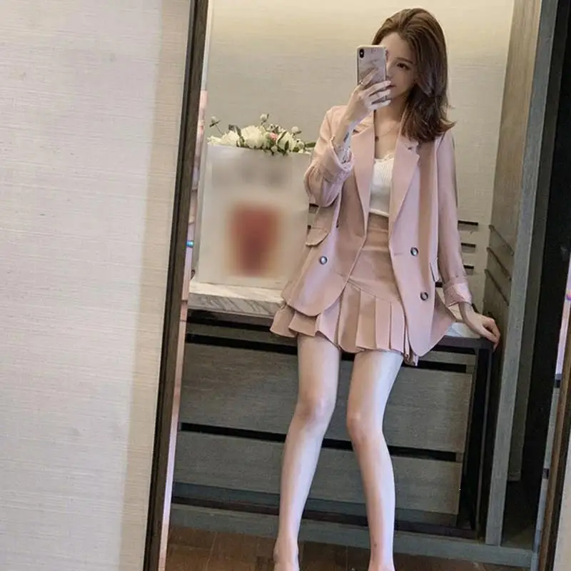 HStar весенний женский розовый офисный Блейзер топ плиссированная юбка костюмы