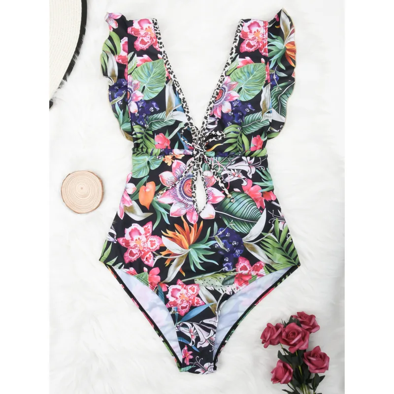 

New Sexy Ruffle Print One Piece Swimsuit Closed Female Swimwear Push Up Body Women Swimming Bathing Suit Beach Pool Bather 2021