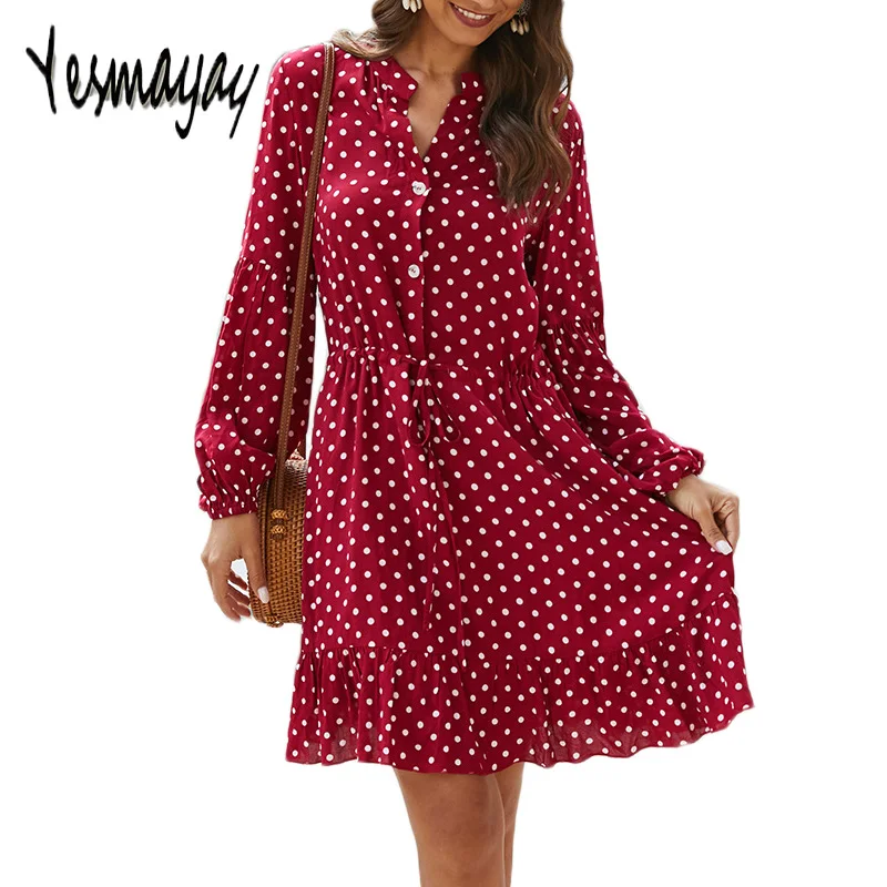 Женское офисное платье трапеция в горошек элегантное до колена с длинным рукавом