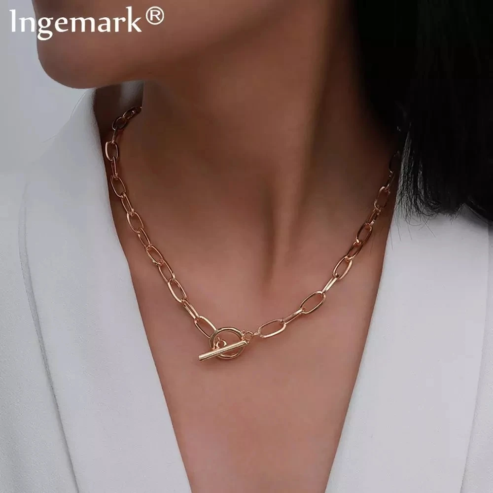 

Goth Iron Chain Toggle Clasp Gold Color Necklace Women Wedding Collier Minimalist Linked Circle Lariat Choker Necklaces Femme