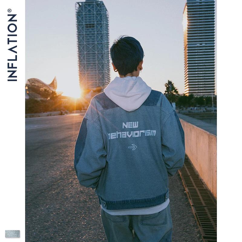 Инфляция Лоскутная Мужская джинсовая куртка уличный сверхразмерный с