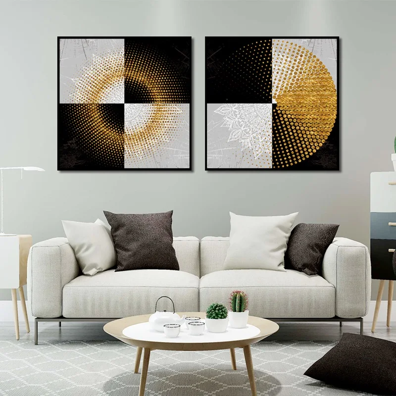 Современный плакат черно белые квадраты каракули золотые кольца картина Печать
