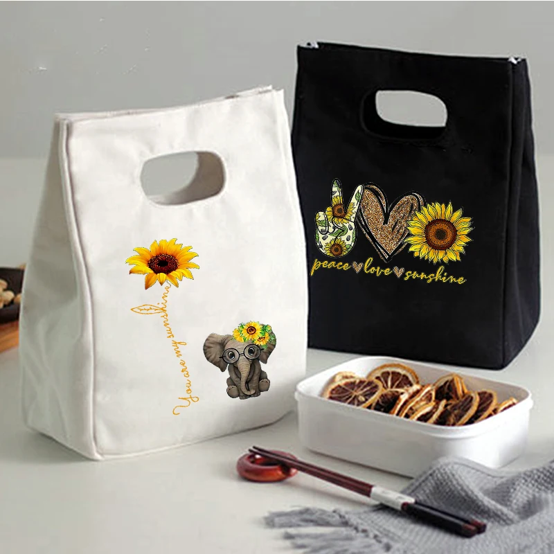 

Elephant Sunflower Peace Love Sunshine Print Portable Thermal Insulated Lunch Box Tote Cooler Picnic Bento Bags Food Storage Bag