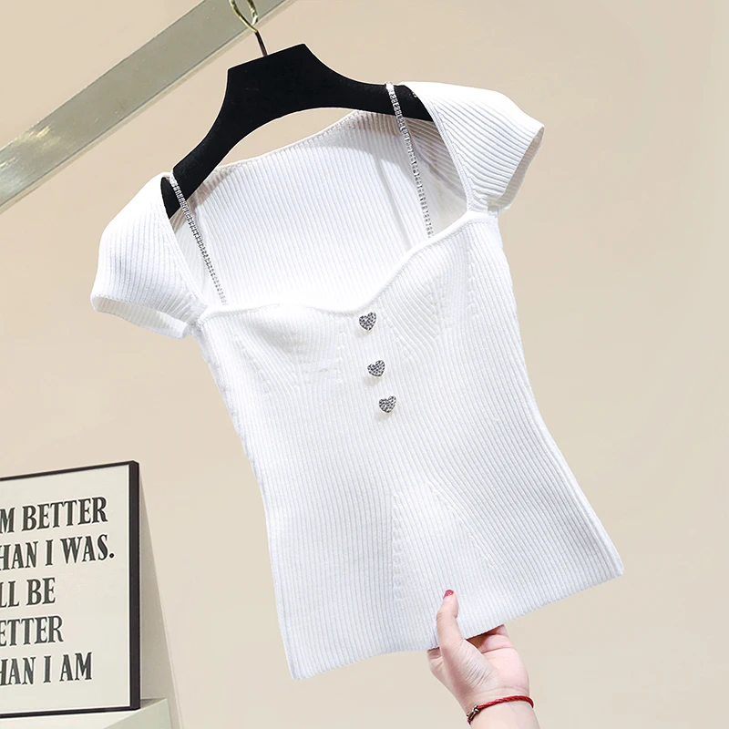 

2021 Summer Square Collar Diamond Ice Silk Knitted T-shirt Women Slim Fit Slimming Cotton Short Sleeve Tshirt Bottoming Crop Top