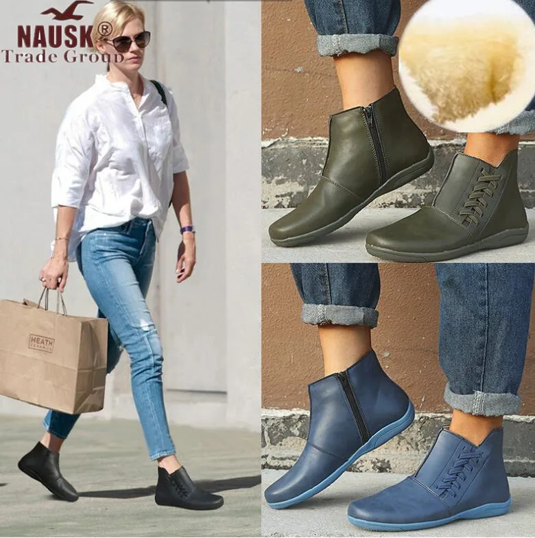 Женские зимние Плюшевые Теплые ботильоны на плоской подошве со шнуровкой